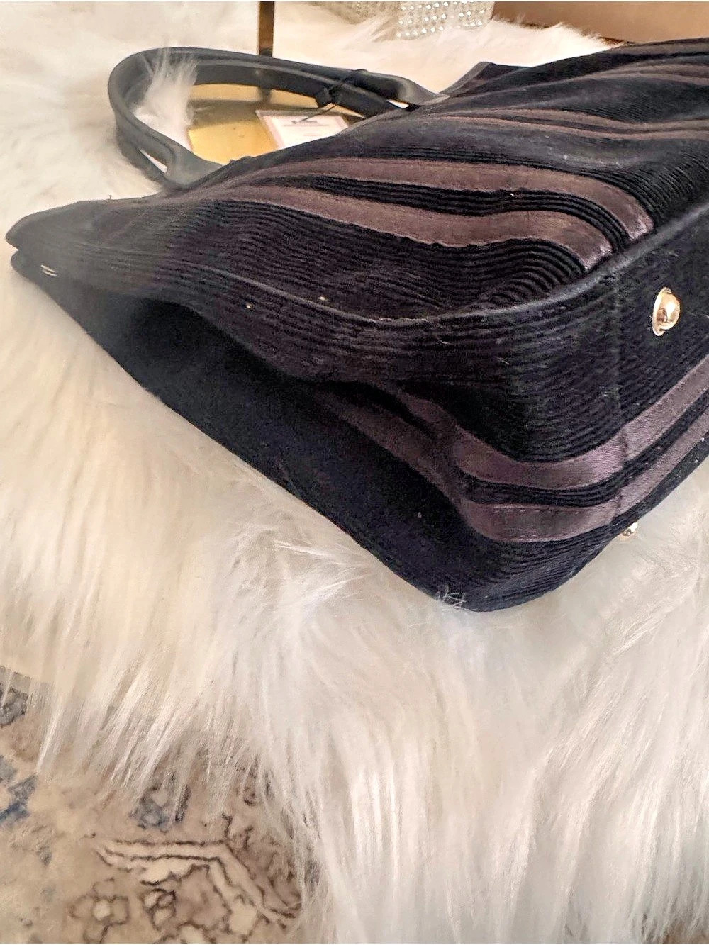 Long champ Black Velvet/Corduroy Striped Tote/Handbag - Picture 9 of 10